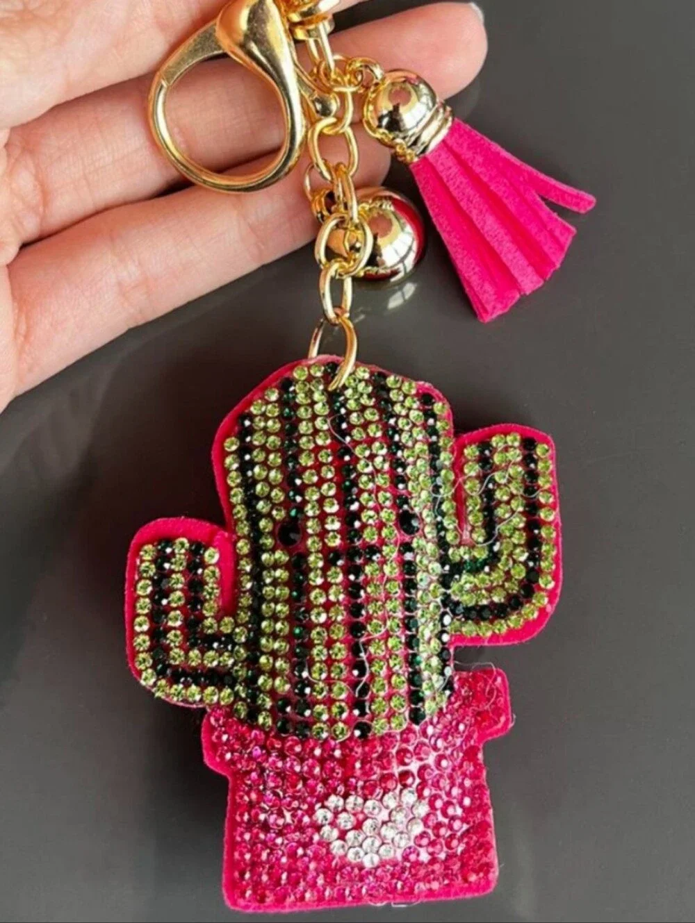 Western Cactus Crystal Rhinestone Keychain Bag Charm With Pink Tassel